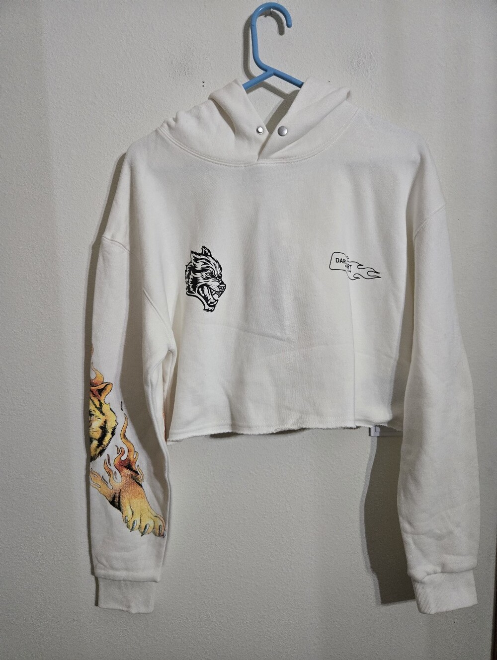 Darc Sport White Cropped Hoodie with Flaming Tiger Sleeve